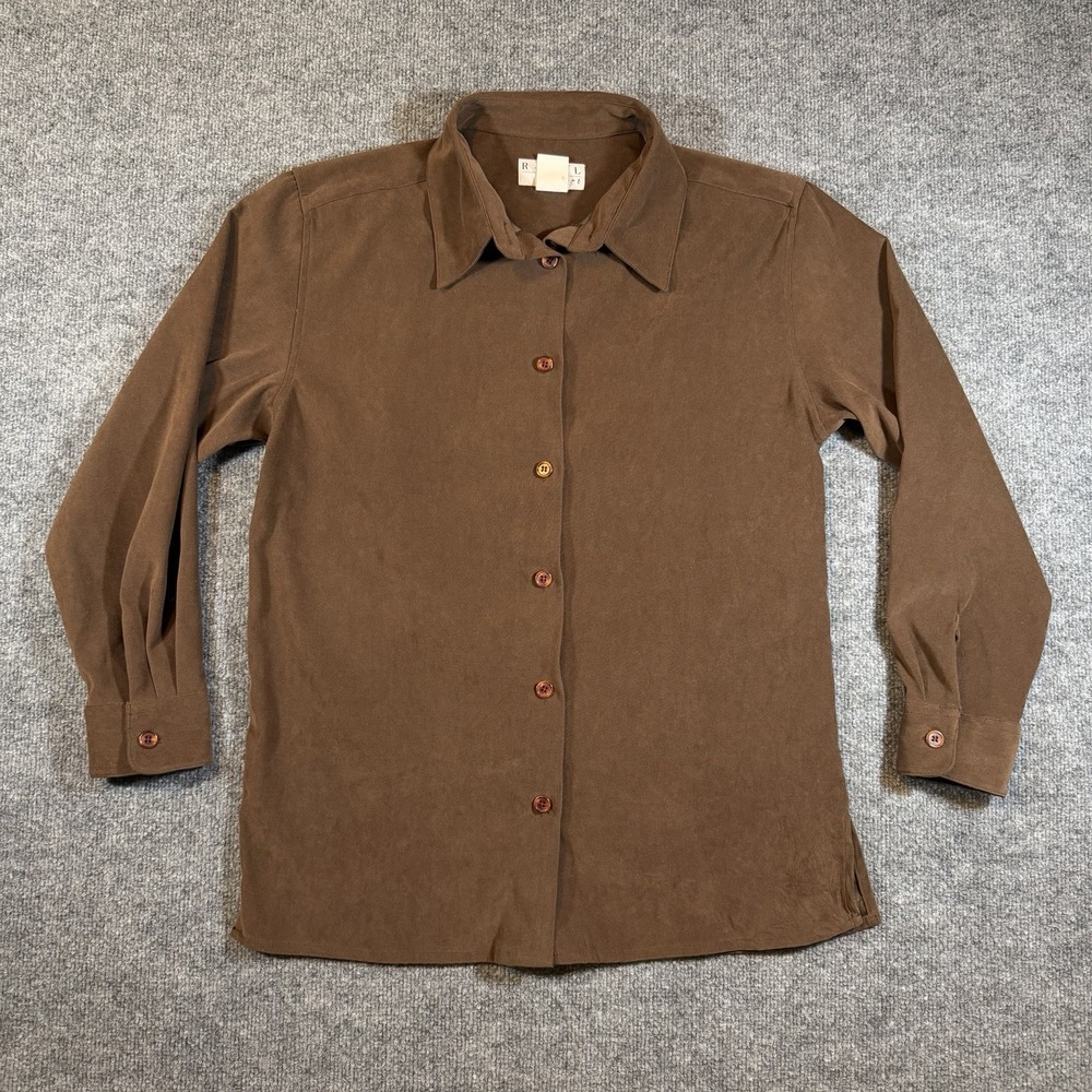 Vtg Y2K REAL Comfort Brown Button‎ Up Long Sleeve Officewear Minimalist Shirt L